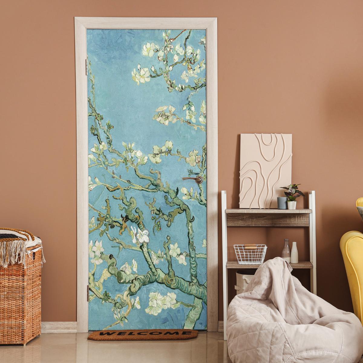TÜRAUFKLEBER Mandelblüte - Van Gogh - Kunst 85x215 cm - Türtapete - Pastellblau, Kunststoff (85/0.1cm) - MuchoWow