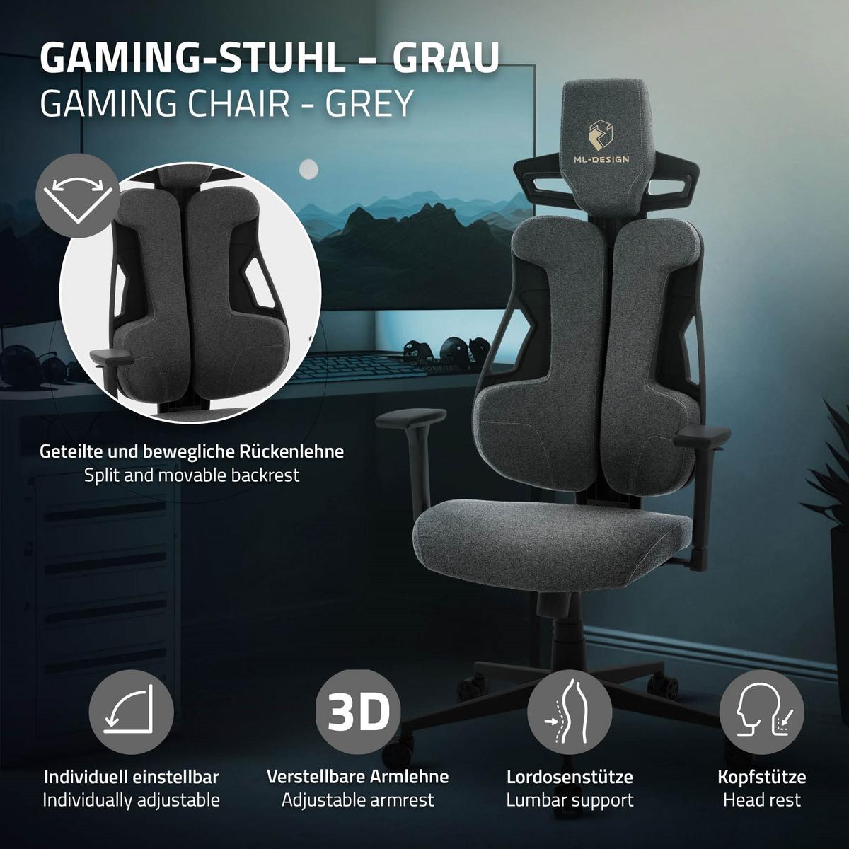 GAMINGSTUHL mit Stoffbezug in Grau Individuell Einstellbar - Schwarz/Grau, Kunststoff/Textil (69/142/68cm) - ML-DESIGN