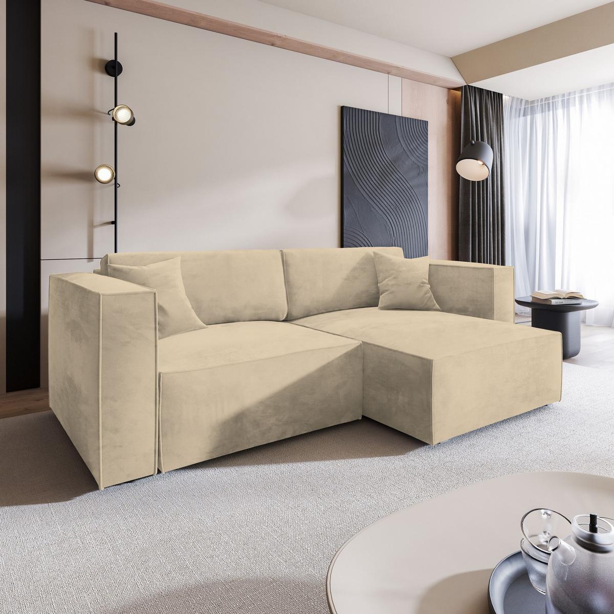 ECKSOFA NERIO M Creme Velours-Stoff mit Schlaffunktion - Creme/Grau, Holz/Kunststoff (245/148cm) - MASSENO