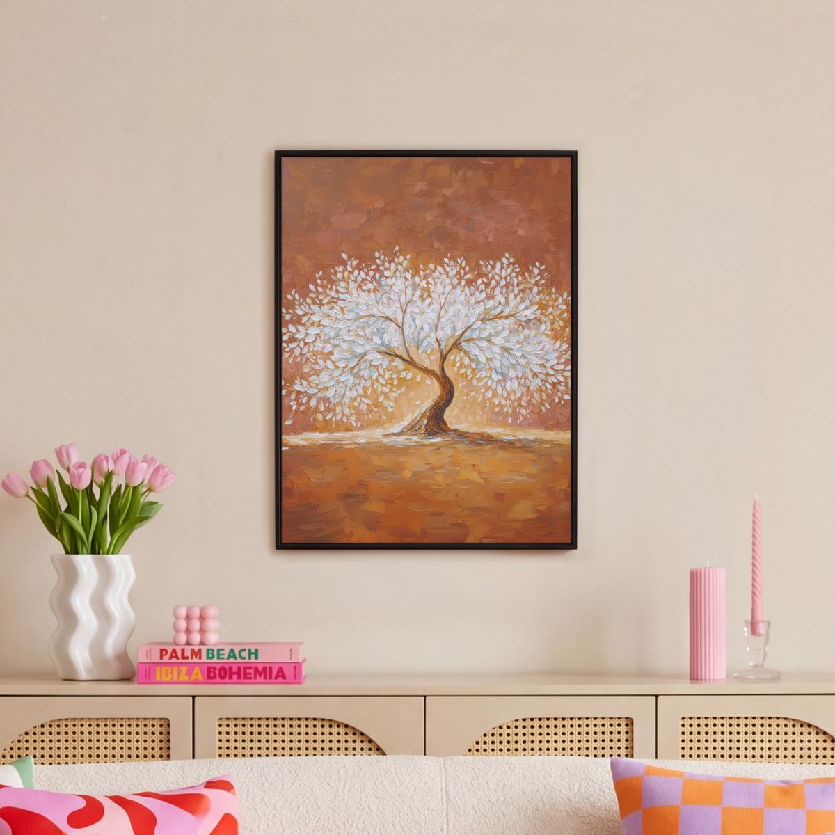 LEINWAND Bilder mit Rahmen - Abstrakt - Baum - Weiß - Blätter - 60x80 - Braun, Textil (60/80cm) - MuchoWow