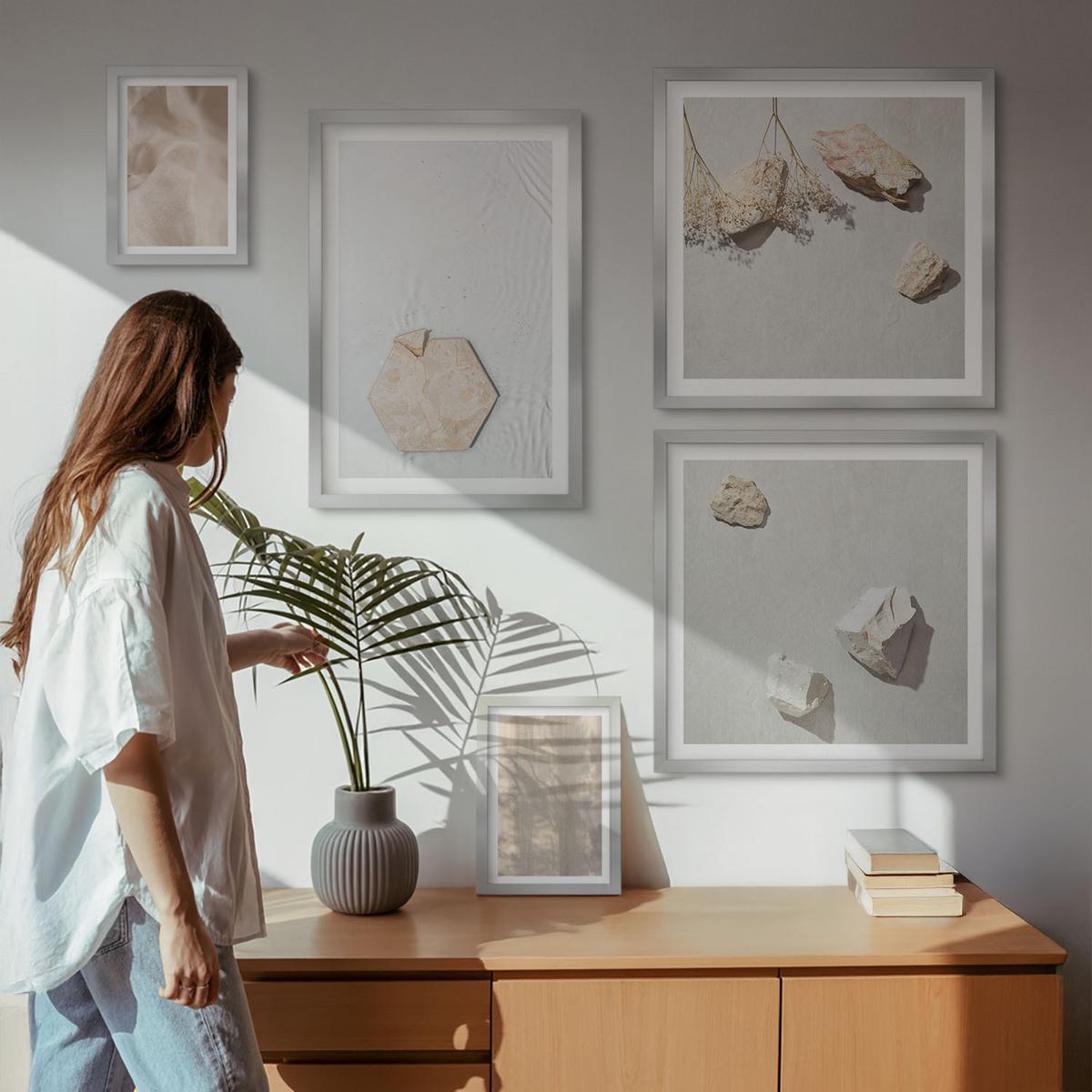 BILDER SET 5er Set - 50x50 cm & 20x30 cm & 40x60 cm Silberner Rahmen - Dezente Boho-Naturtexturen - Silberfarben, Kunststoff (40/60cm) - TULUP