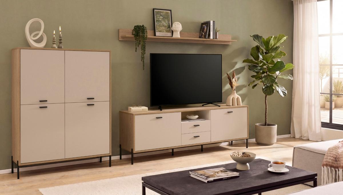 WOHNWAND Kaschmir, Eiche 320 cm Set 3-teilig, Wohnkombination mit Soft-Close - Kaschmir/Eichefarben, Holzwerkstoff/Metall (320/170/40cm) - Furn.Design