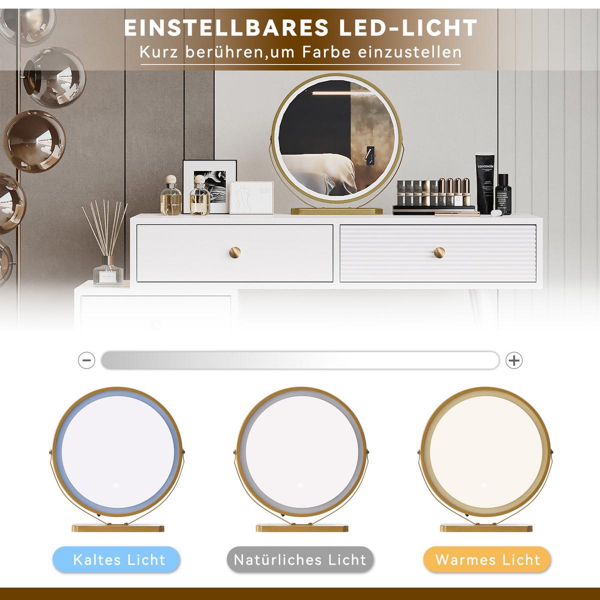SCHMINKTISCH in Weiß mit LED-Touch-Spiegel & flexiblem Seitenschrank - Weiß, Holzwerkstoff (100/78/40cm) - Urban Meuble