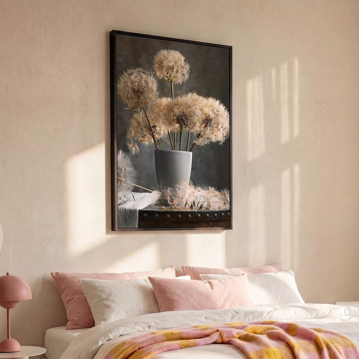 LEINWAND Bilder mit Rahmen - Blumensamen - Löwenzahn - Vase - Stilleben - Blumenstrauß - 90x140 - Dunkelgrau, Textil (90/140cm) - MuchoWow