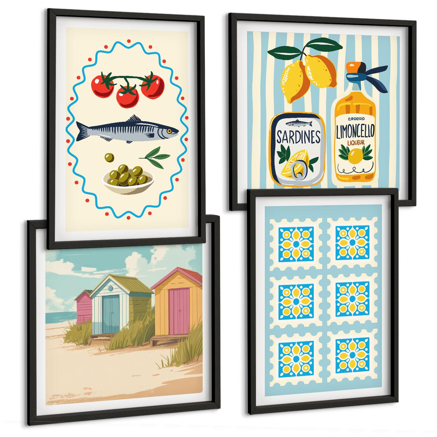 BILDER SET 4er Set - 50x50 cm & 40x60 cm Schwarzer Rahmen - Illustrationen der mediterranen Küche - Schwarz, Kunststoff (50/50cm) - TULUP