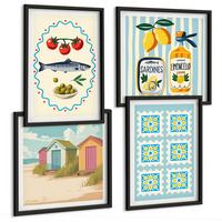 BILDER SET 4er Set - 50x50 cm & 40x60 cm Schwarzer Rahmen - Illustrationen der mediterranen Küche - Schwarz, Kunststoff (50/50cm) - TULUP