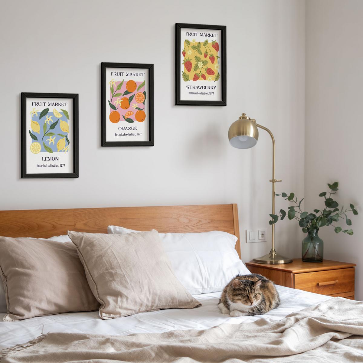 BILDER SET 3er Set - 20x30 cm Schwarzer Rahmen - Fruchtposter Zitronen Erdbeeren - Schwarz, Kunststoff (20/30cm) - TULUP