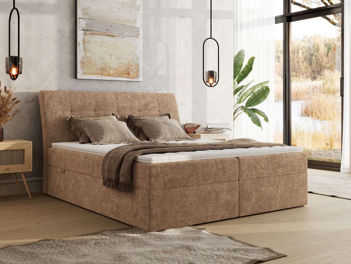 BOXBETT DAGOS 120/200 - Hellbraun Schenille grob gewebt - H3 - Topper Visco - Hellbraun, Textil (120/200cm) - MKS