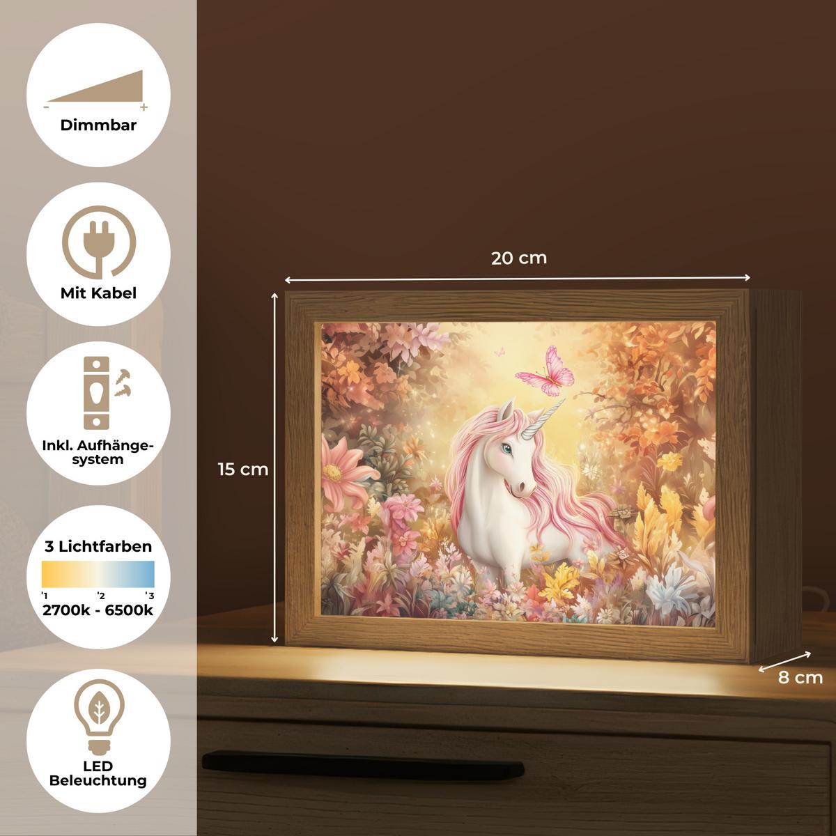 WANDLEUCHTE Einhorn - Blumen - Schmetterling - Rosa 20x15 cm - Beige, Holzwerkstoff (20/15/8cm) - OnlyWow