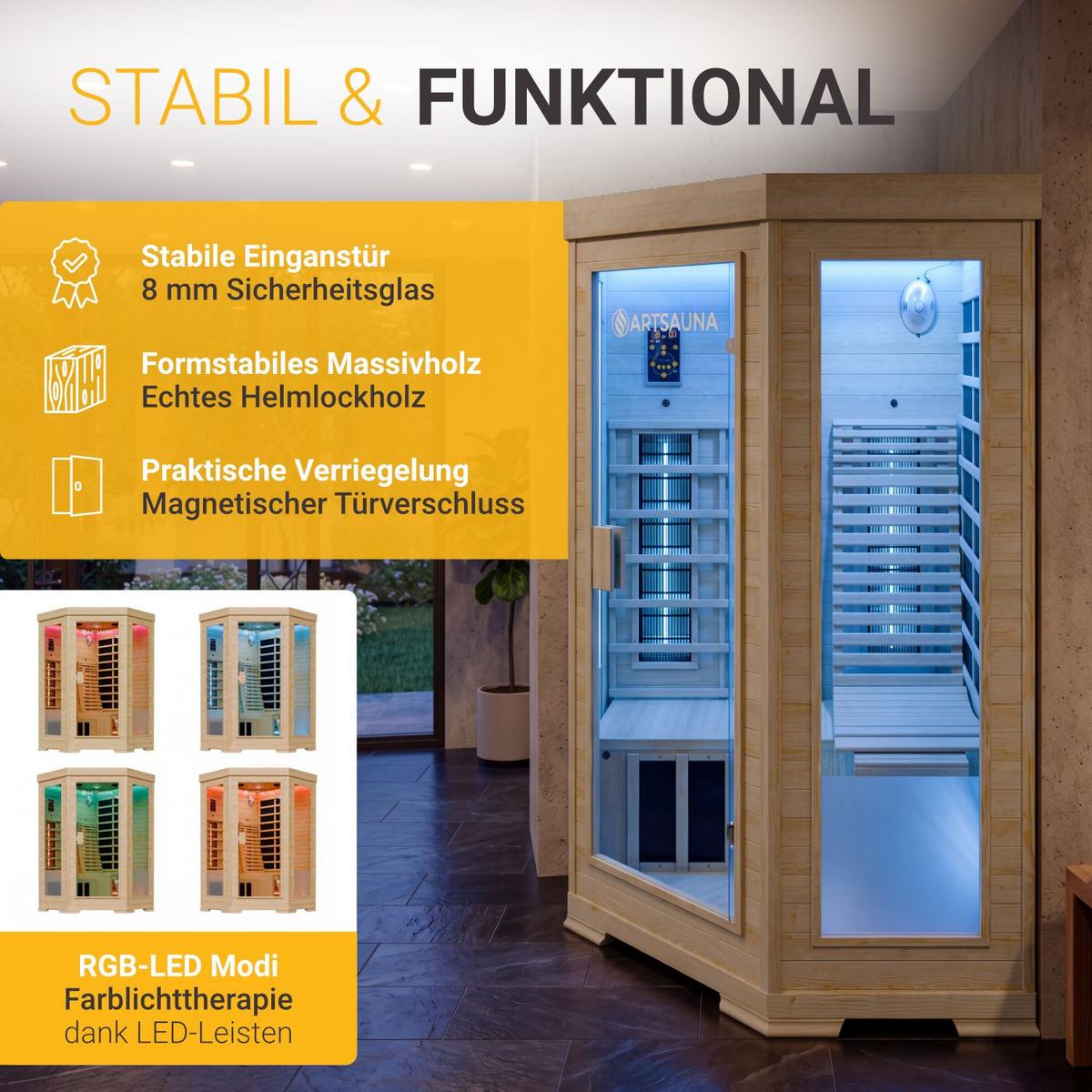 INFRAROTKABINE Aalborg mit Dual Technologie & Hemlockholz - Naturfarben, Holz (120/190/120cm) - Artsauna