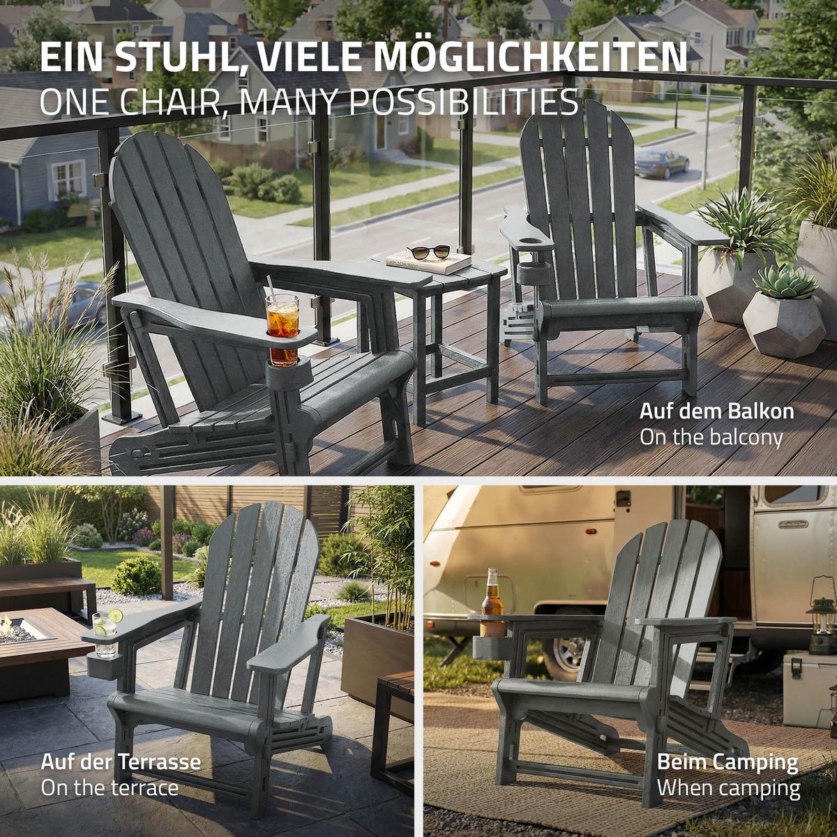 ADIRONDACK LOUNGESTUHL mit Getränkehalter Grau aus Kunststoff - Grau, Kunststoff (54.5/91/76cm) - ML-DESIGN
