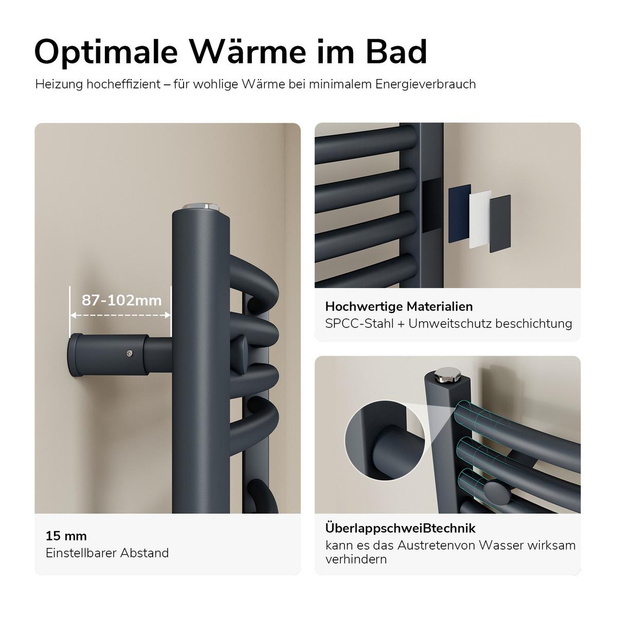 HANDTUCHHEIZKÖRPER elektrisch gebogen Anthrazit 120/50 cm - Anthrazit, Metall (50/120/5.2cm) - EMKE