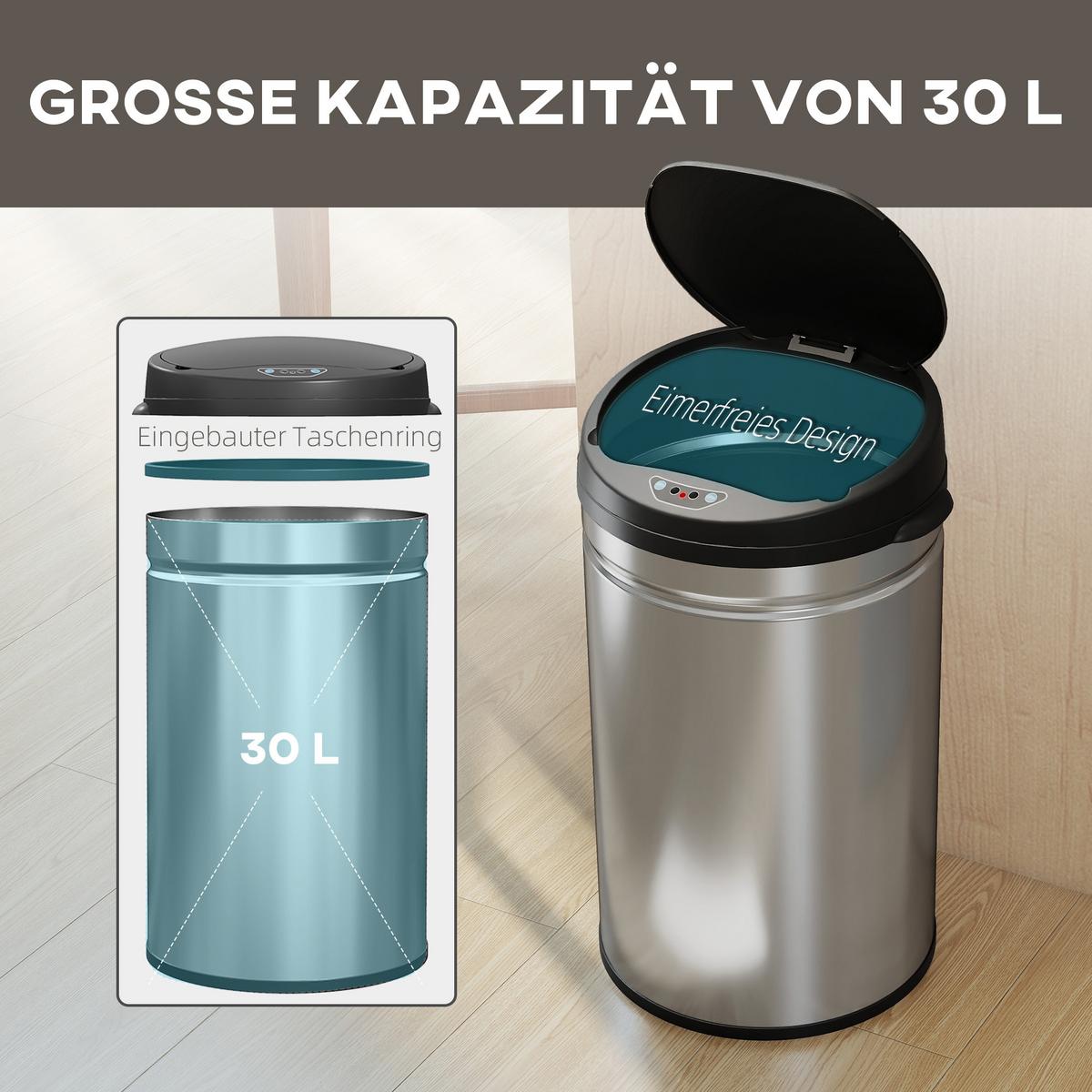MÜLLEIMER mit Sensor 30L Edelstahl Automatischer Mülleimer mit Soft-Close-Deckel - Silberfarben, Metall (30.5/51/32cm) - HOMCOM