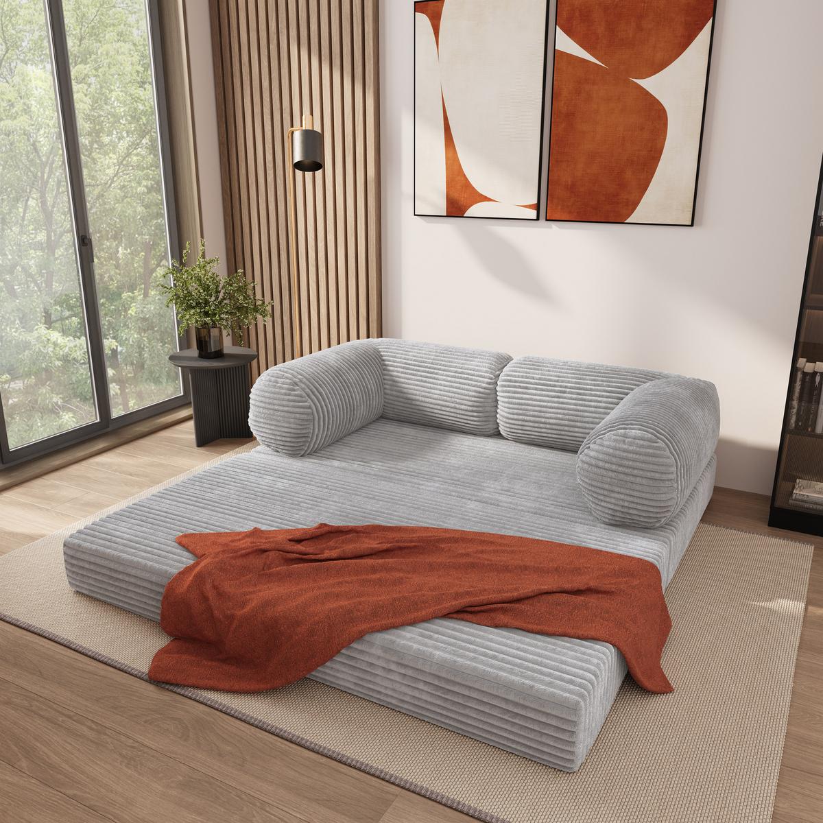 BETTSOFA ALVIO aus Schaumstoff Kordstoff Hellgrau Schlaffunktion - Grau, Textil (170/68/80cm) - MASSENO