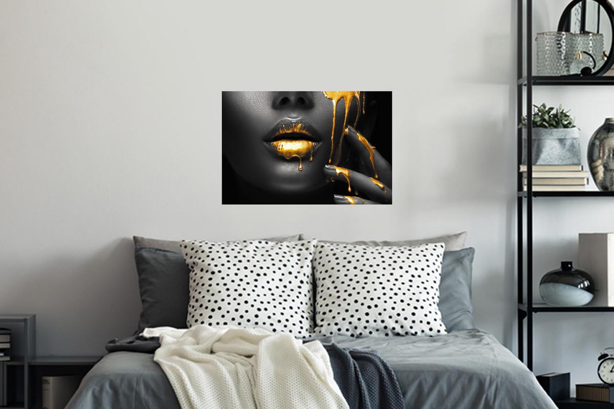 WANDTATTOO Frau - Schwarz - Gold - Gesicht - Lippen Deko Wohnzimmer 60x40 cm - Goldfarben, Kunststoff (60/40/0.1cm) - MuchoWow