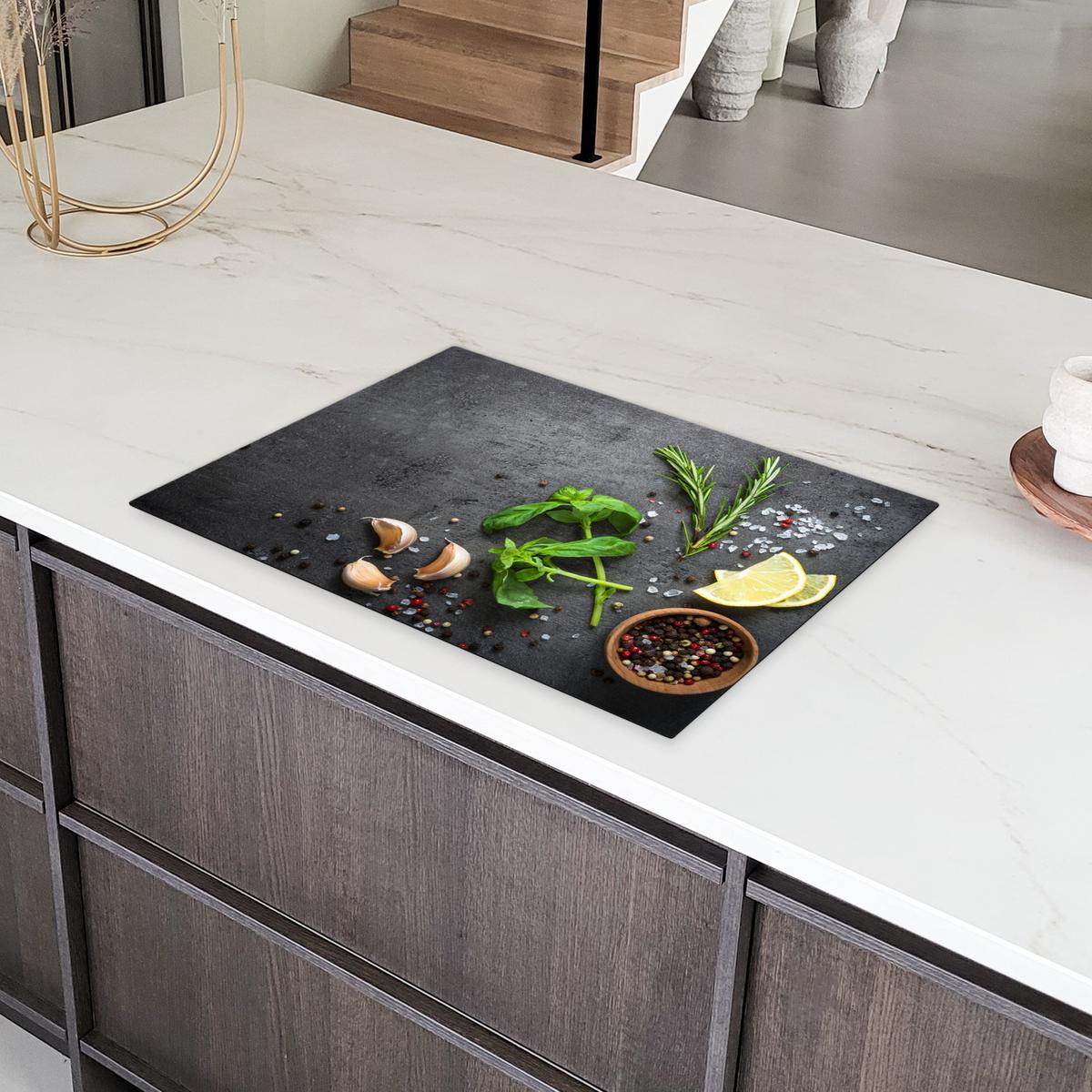 HERDABDECKPLATTE Limette - Kräuter - Gewürze - Grün - Grau - Beton Herdabdeckung Induktionsfeld 75x52 cm - Grün, Kunststoff (75/52/0.2cm) - MuchoWow