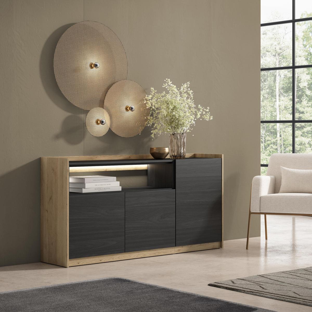 SIDEBOARD, Schwarz und Eiche, 156/37/80cm, mit Led - Schwarz, Holzwerkstoff (156/80/37cm) - Skraut Home