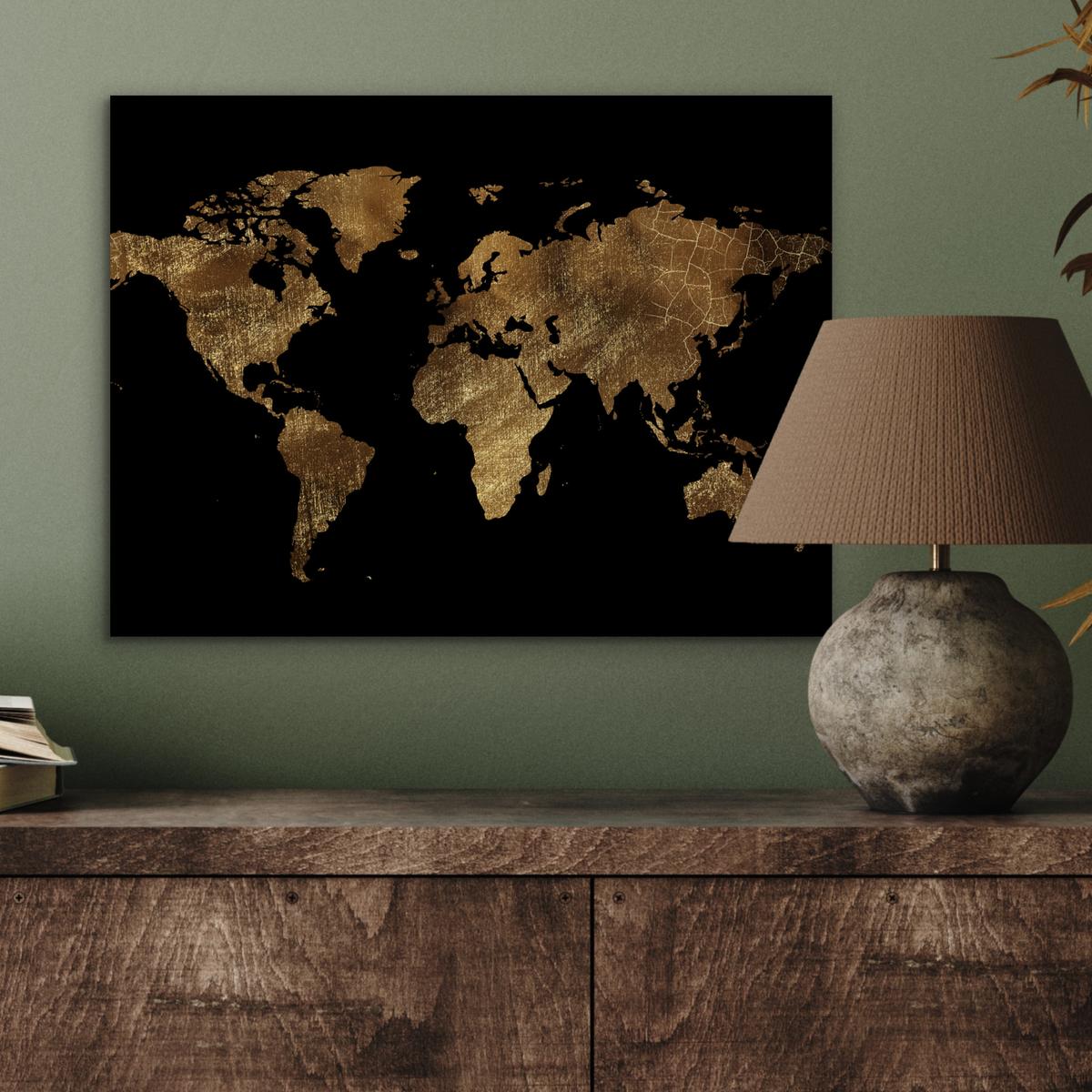 METALLBILD Weltkarte - Gold - Luxus - Erde - Schwarz 40x30 cm - Goldfarben, Metall (40/30cm) - MuchoWow