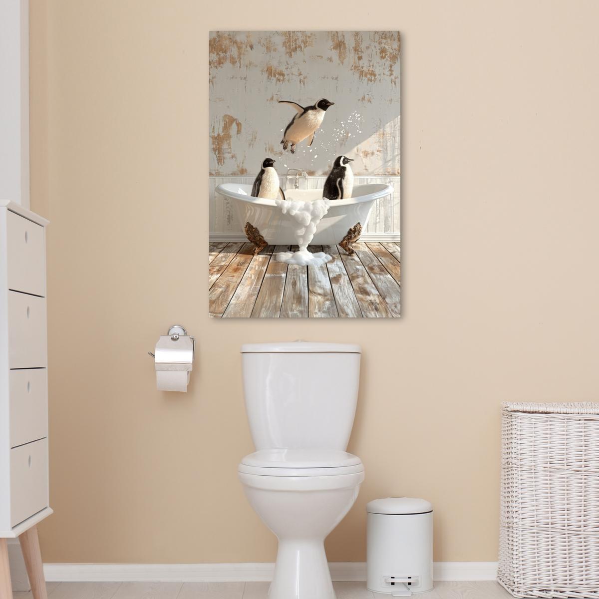 LEINWANDBILD Vintage - Pinguin - Badewanne - Schaumstoff Wanddeko Schlafzimmer 60x90 cm - Schwarz, Textil (60/90cm) - MuchoWow