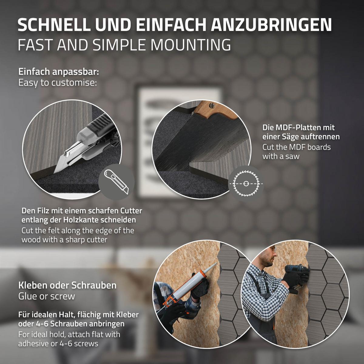 AKUSTIKPANEEL 2er Set Schallschutzplatten Hexagon Grau Holzoptik 66x81x2 cm aus Filz - Grau, Holzwerkstoff (2.1/81.1/66.6cm) - ML-DESIGN