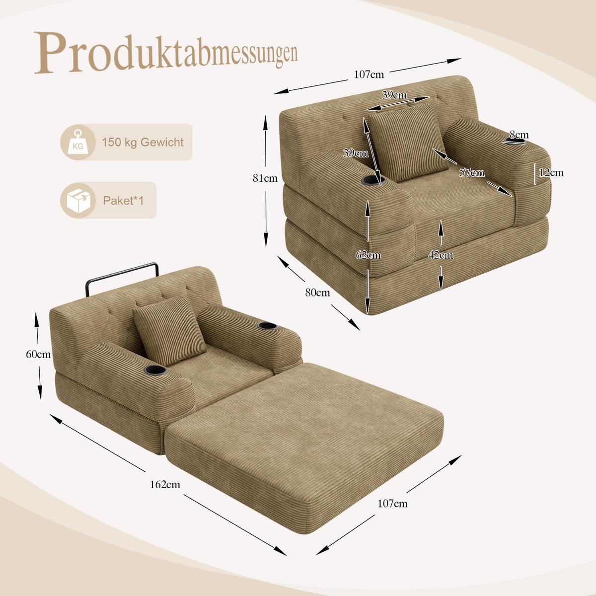 SCHLAFSOFA Cord mit Schlaffunktion, Getränkehalter & Taschen - Sandfarben, Textil (107/81/80cm) - Urban Meuble