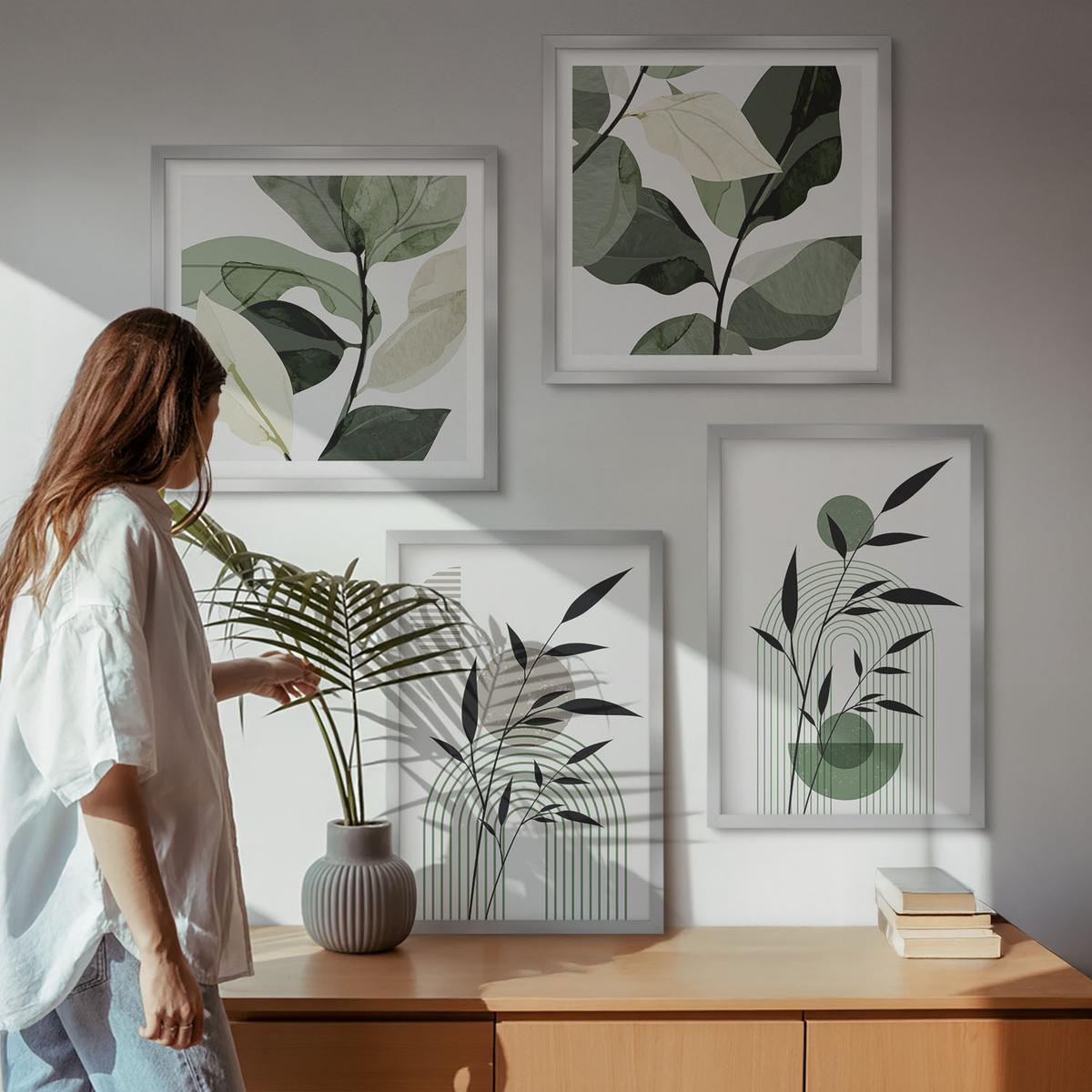 BILDER SET 4er Set - 50x50 cm & 40x60 cm Silberner Rahmen - Boho-Pflanzenkompositionen - Silberfarben, Kunststoff (50/50cm) - TULUP