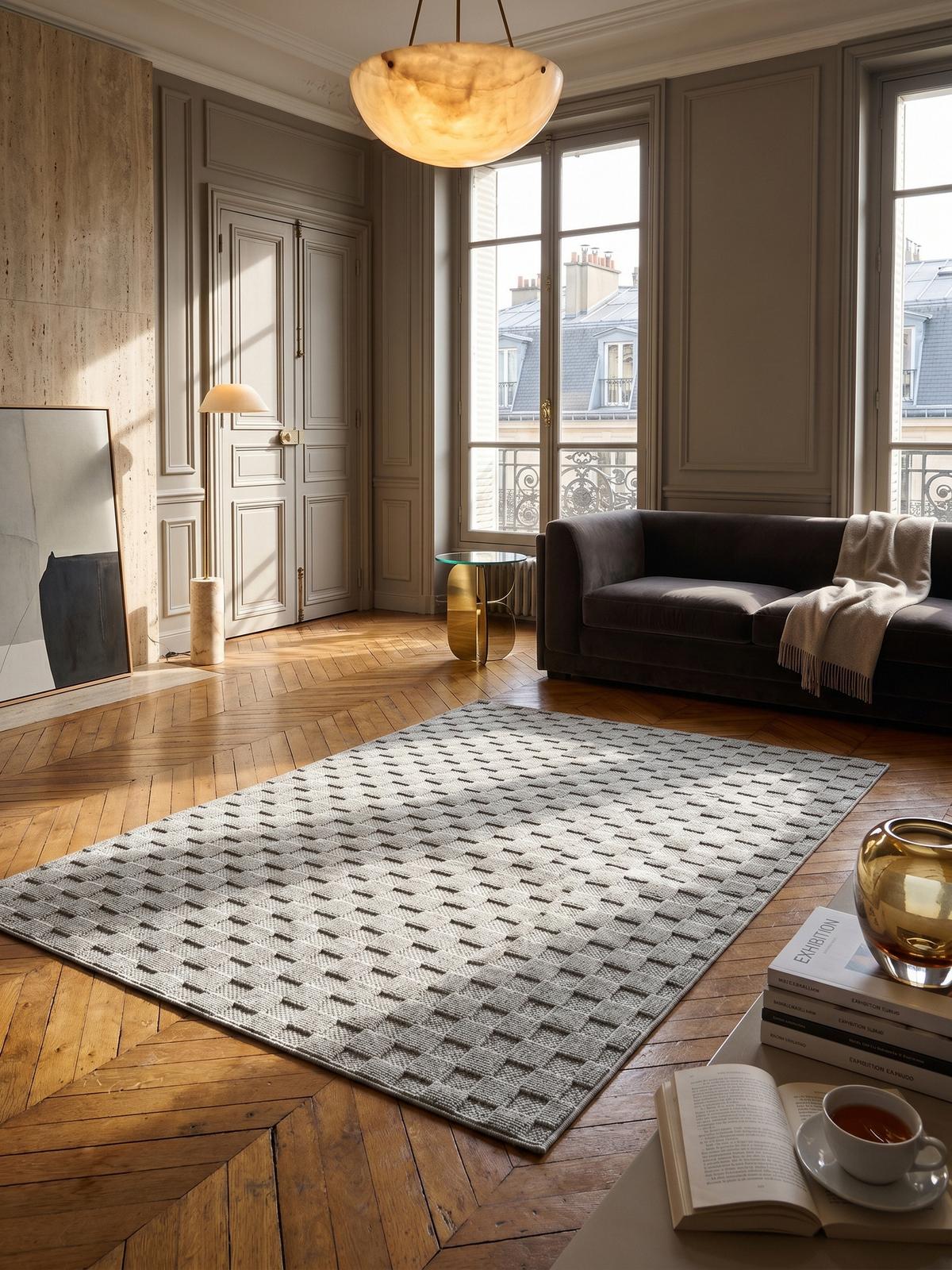 TEPPICH Flachgewebe LANGAU in Silber, mit Schachbrettmuster, 120 x 170 cm - Silberfarben, Textil (120/170cm) - KADIMA DESIGN