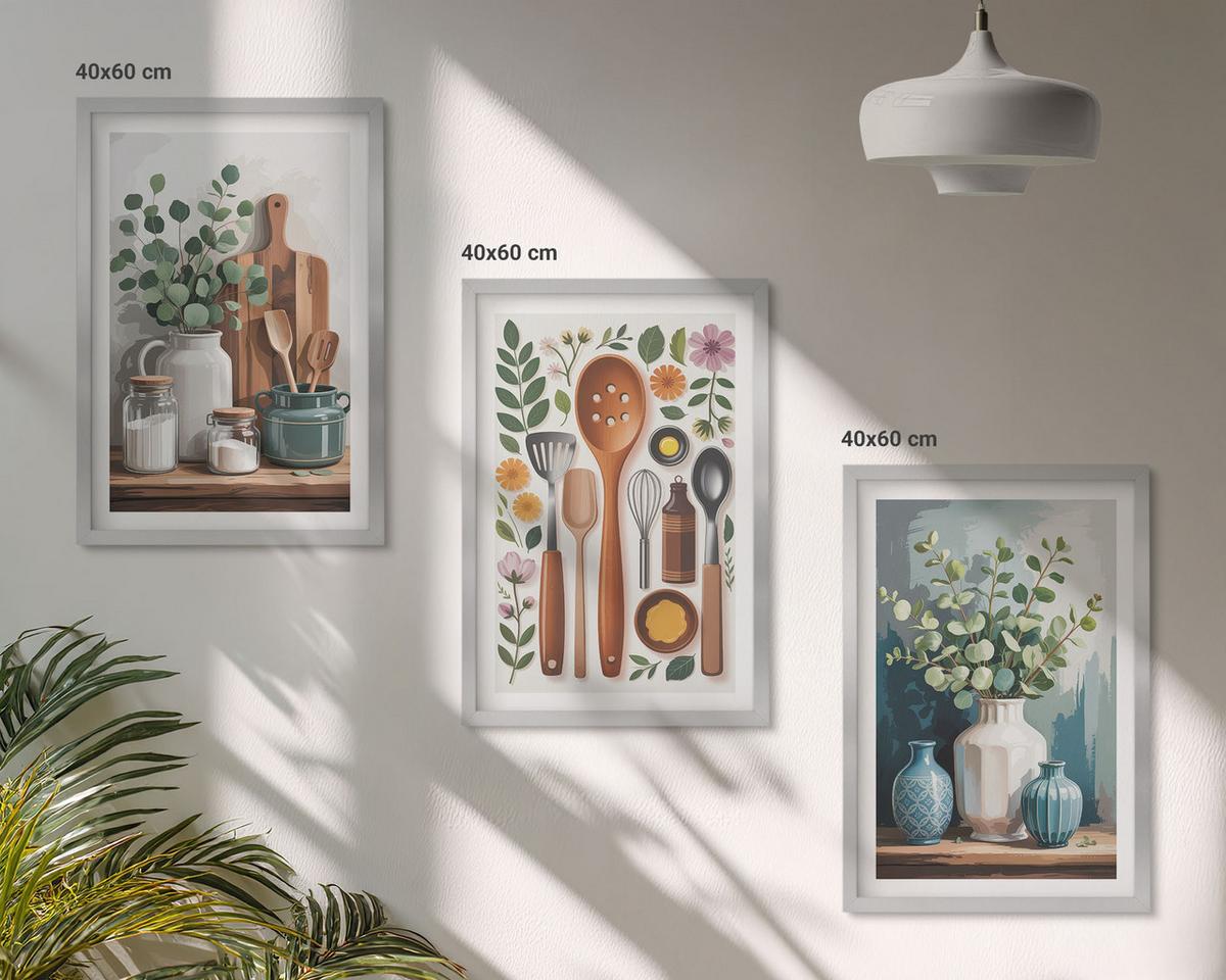 BILDER SET 3er Set - 40x60 cm Silberner Rahmen - Küchenaccessoires auf pflanzlicher Basis - Silberfarben, Kunststoff (40/60cm) - TULUP