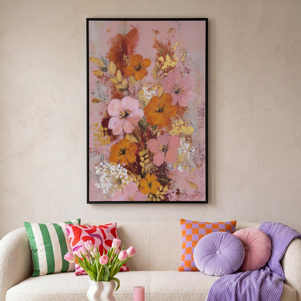 LEINWAND Bilder mit Rahmen - Malerei - Blumen - Rustikal - Rosa - 80x120 - Altrosa, Textil (80/120cm) - MuchoWow