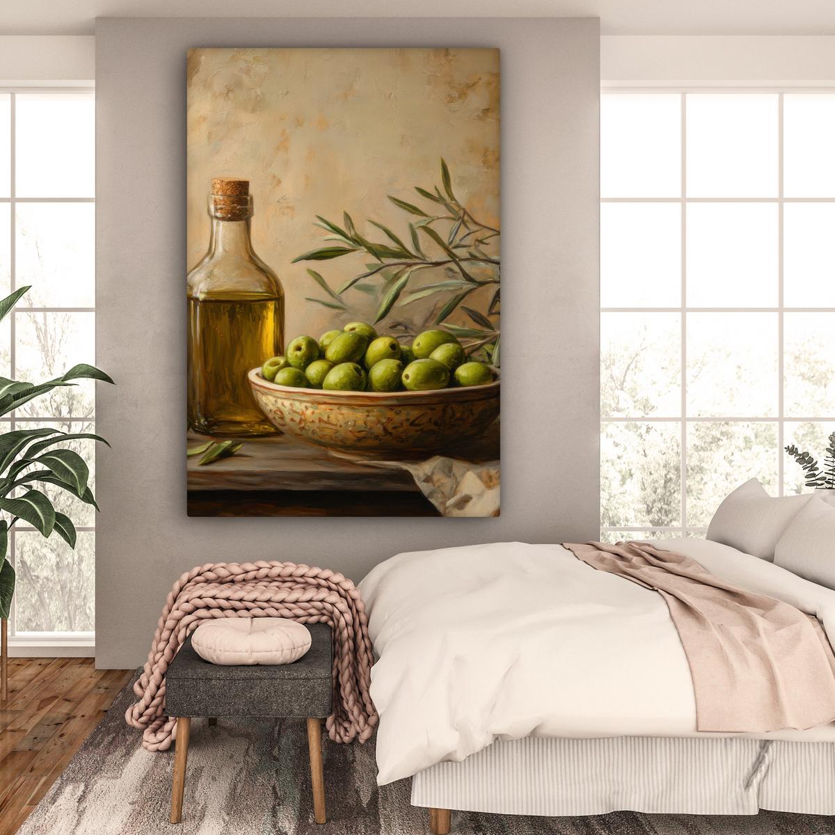 LEINWANDBILD Oliven - Stilleben - Vintage Deko Groß 90x140 cm - Olivgrün, Textil (90/140cm) - MuchoWow