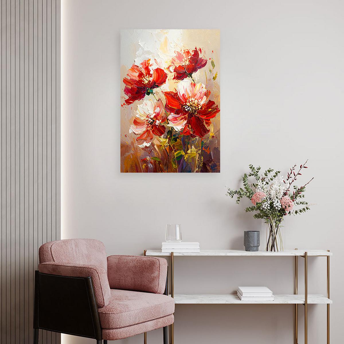 WANDBILD, Rote Blumen in einer warmen Aquarellkomposition - Rot, Textil (80/120cm) - Feeby