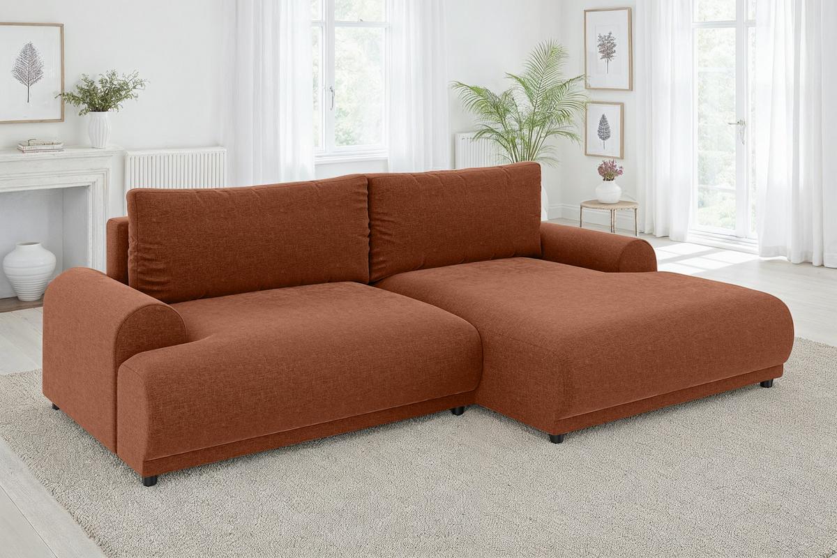 ECKSOFA mit Schlaffunktion, Bettkasten, extrabreite Ottomane rechts, abgerundete Armlehnen, B240/T145/H81 cm, Chenille Terracotta / 21023 - Terracotta/Schwarz, Kunststoff/Textil (240/145cm) - luma-home