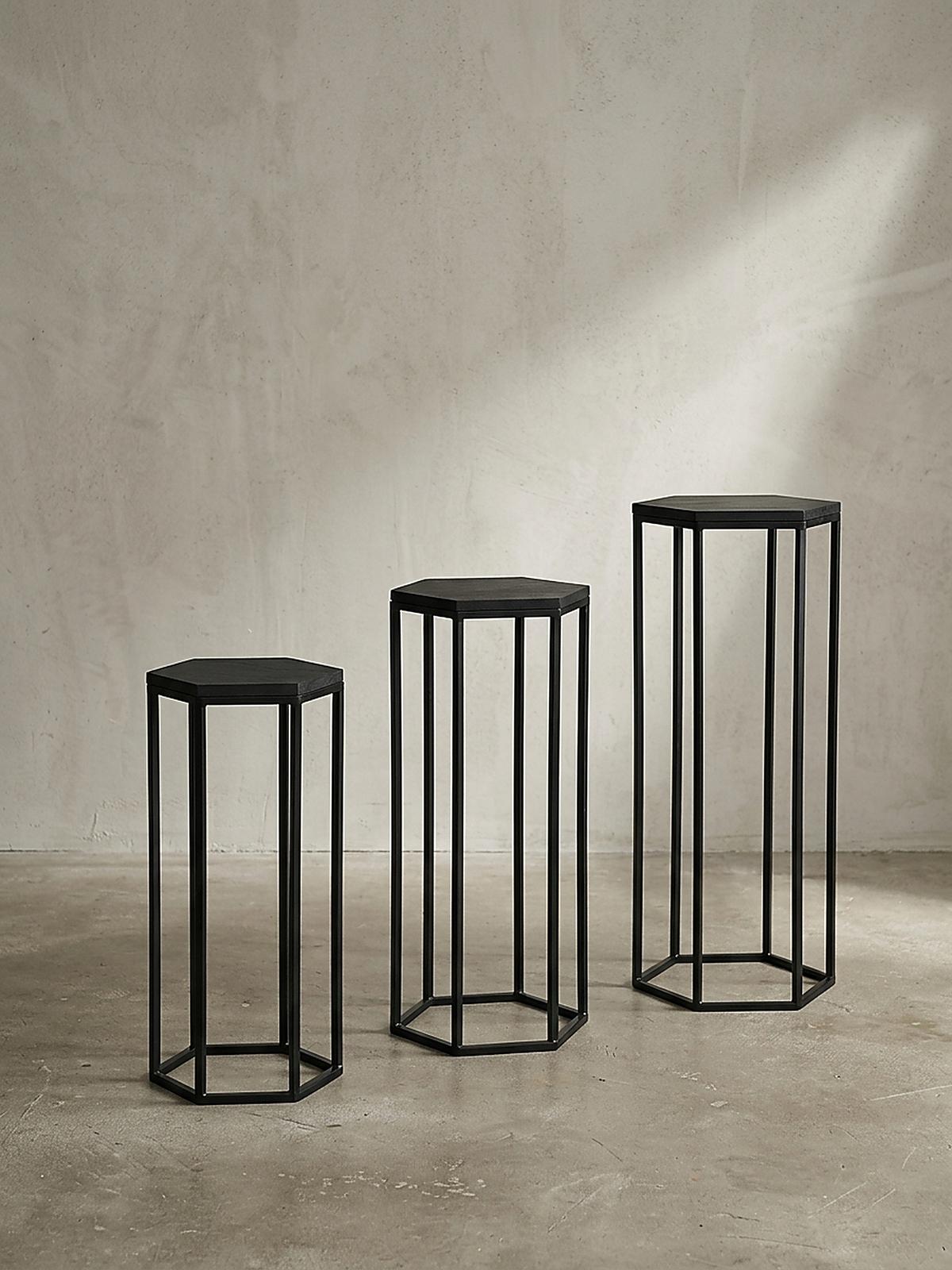 BEISTELLTISCHE 3er Set Massivholz und Metall in Hexagon-Form - Schwarz, Holz/Metall (35/35/90cm) - KADIMA DESIGN