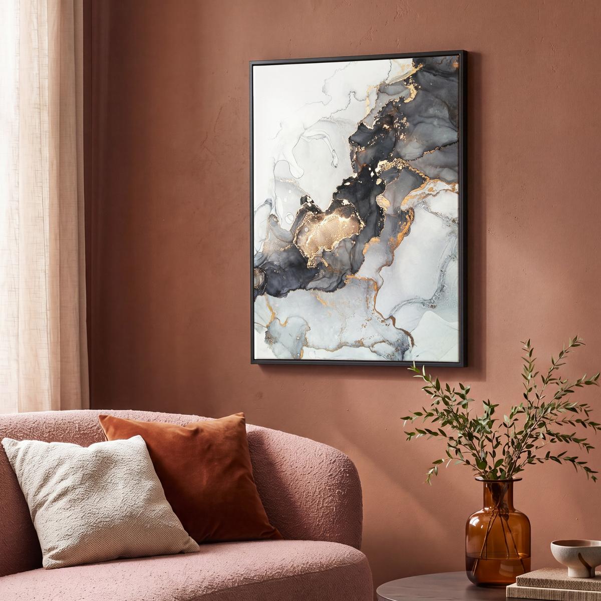LEINWAND Bilder mit Rahmen - Marmor - Schwarz - Weiß - Gold - Luxus - Abstrakt - 70x100 - Goldfarben, Textil (70/100cm) - MuchoWow