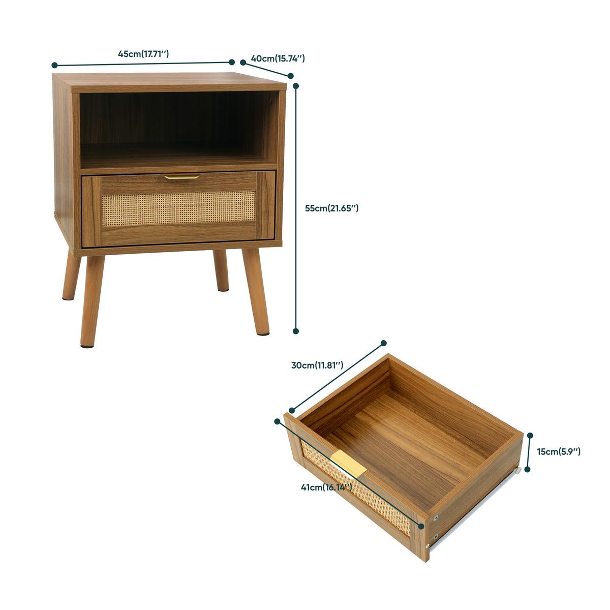 NACHTTISCH Rattan Walnussoptik Boho Mid-Century mit 1 Schublade & Regal - Walnussfarben, Holzwerkstoff (45/55/40cm) - Urban Meuble