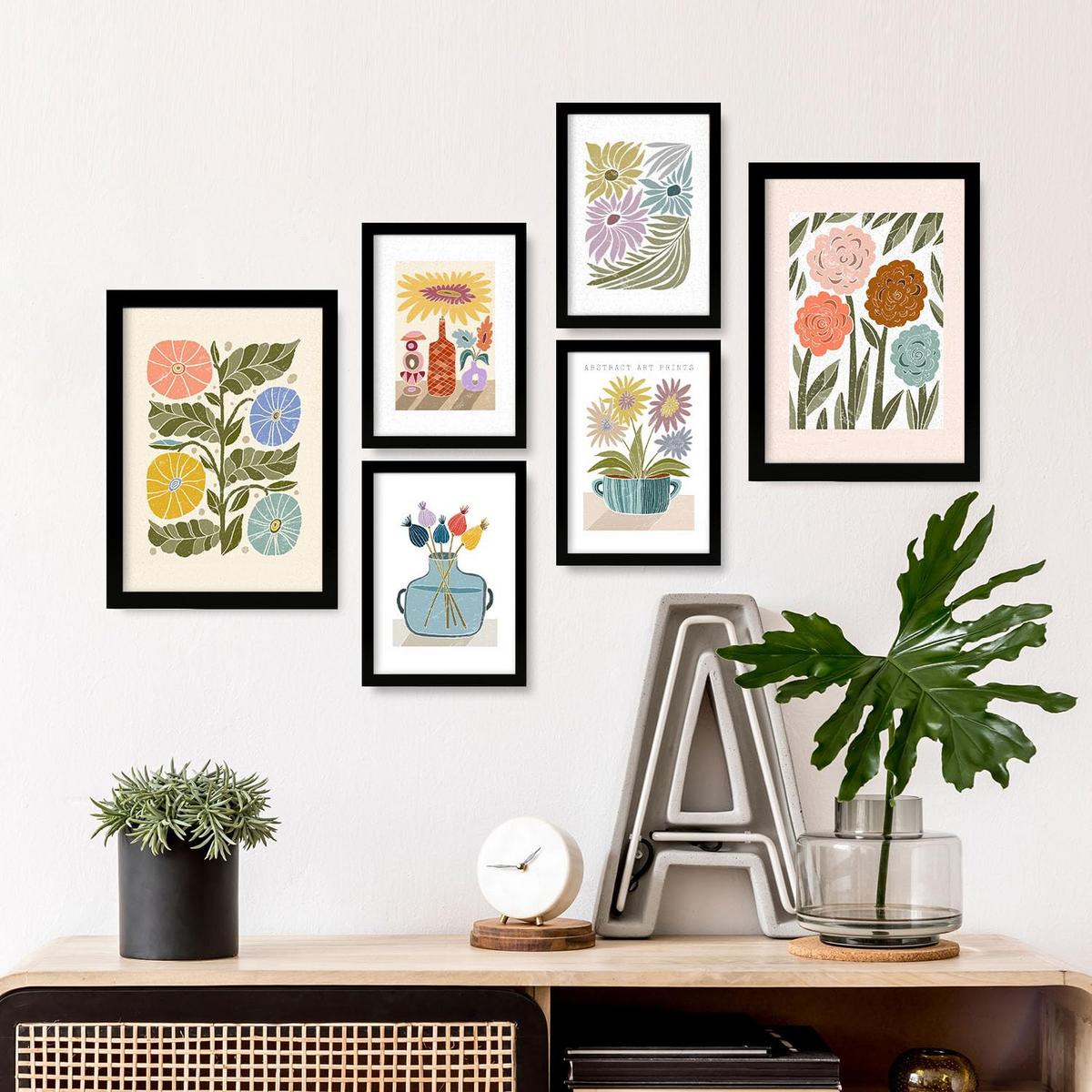POSTER Set Mit 6 Drucken Blüten In Der Sammlung Ethnischer Style Drucke Dekorative Rahmen Für Ihr Zuhause Wandkunstdruck A3 & A4 Schwarzer Rahmen - Schwarz, Papier (29/3cm) - Nacnic
