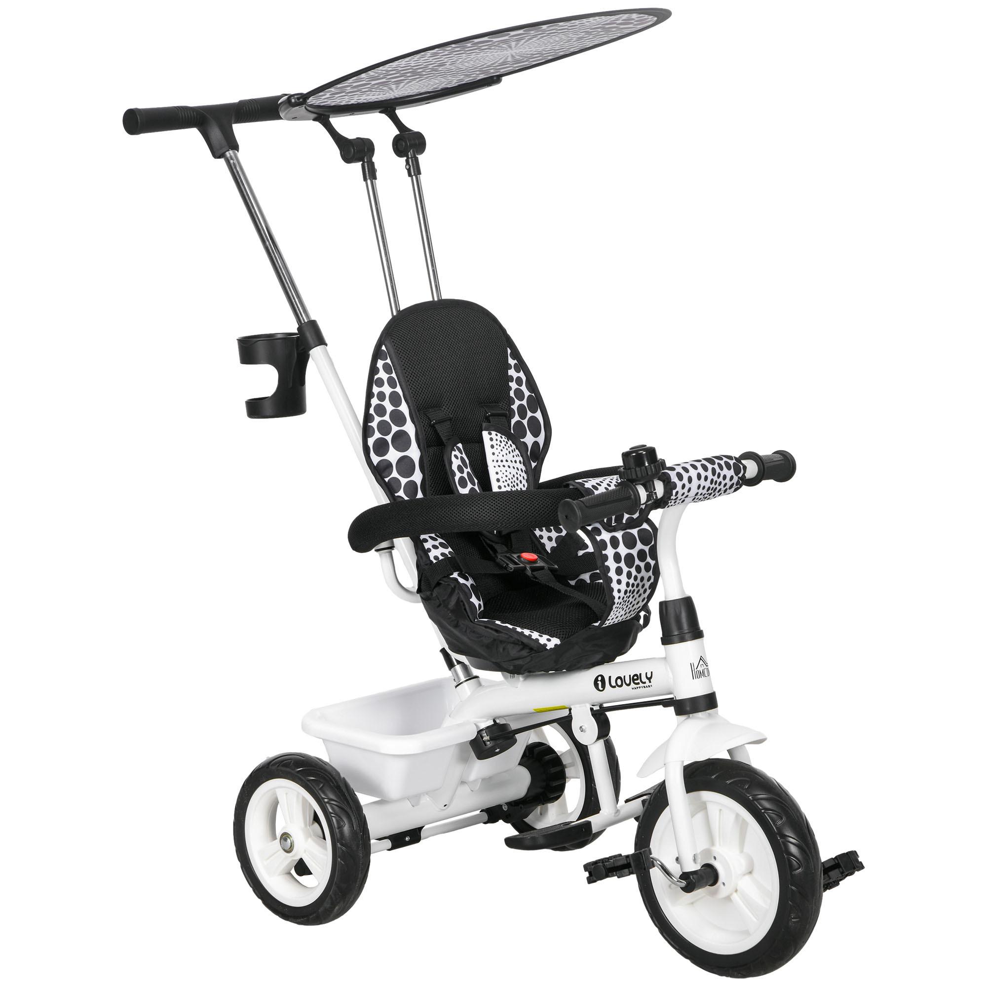 6-IN-1 Dreirad mit Schubstange, Kinderdreirad mit abnehmbarem Sonnendach Weiß - Weiß, Metall (105/47/98cm) - HOMCOM