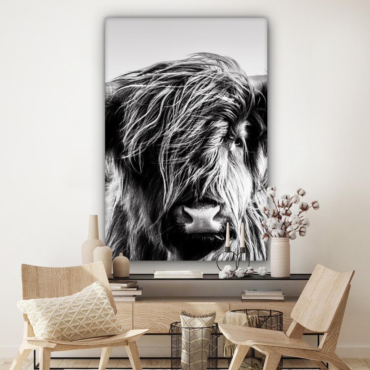 LEINWANDBILD Kuh - Schottischer Hochländer - Schwarz - Weiß - Tier - Natur - Wildtiere Deko Groß 90x140 cm - Schwarz, Textil (90/140cm) - MuchoWow