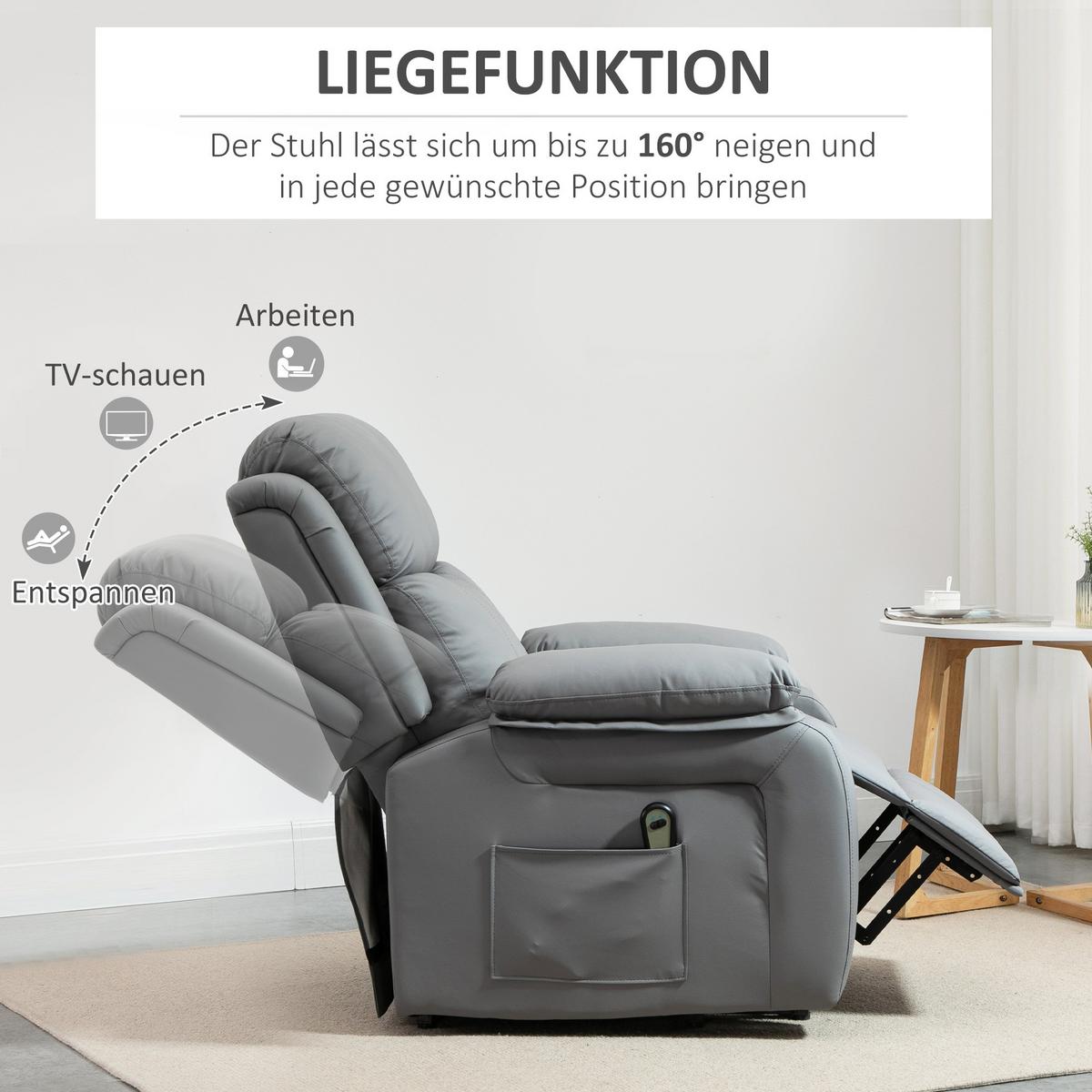 FERNSEHSESSEL mit Aufstehhilfe, Liegefunktion, Fernbedienung für Wohnzimmer Grau - Schwarz/Grau, Textil/Metall (76/105/90cm) - HOMCOM