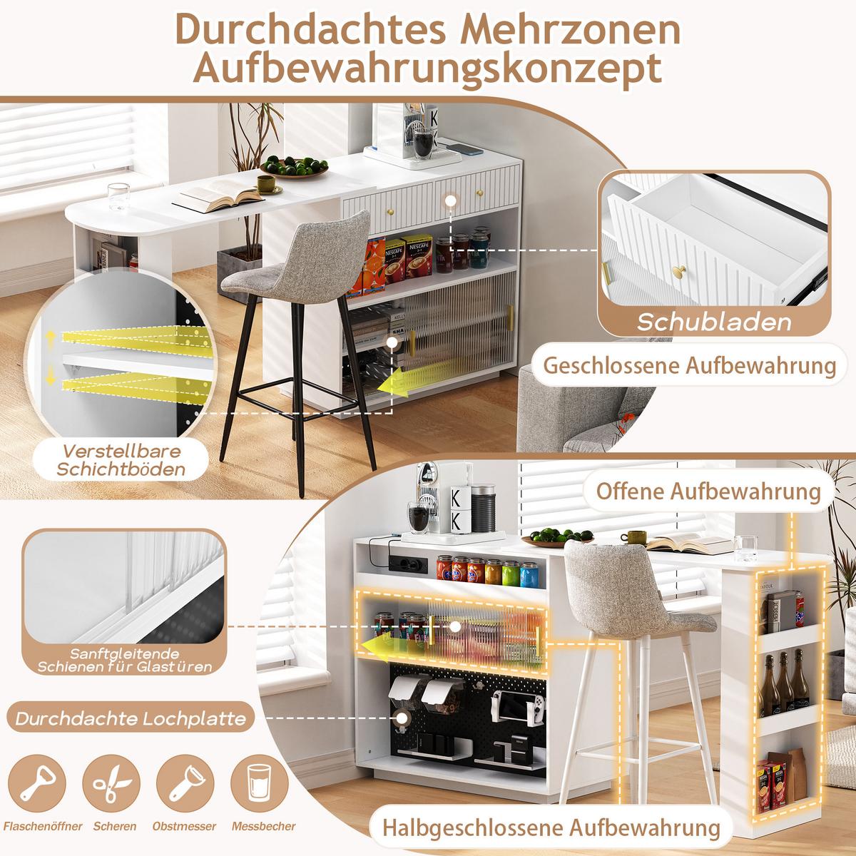 BARTISCH mit sideboard in weiß mit riffelglas, 360° drehbar - Weiß, Holzwerkstoff (50/120/95.5cm) - Urban Meuble