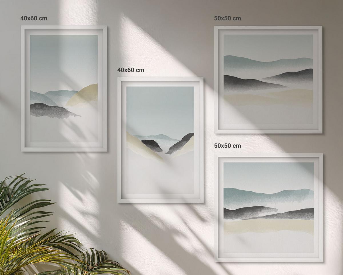 BILDER SET 4er Set - 50x50 cm & 40x60 cm Weißer Rahmen - Berge minimalistische Pastellfarben - Weiß, Kunststoff (50/50cm) - TULUP
