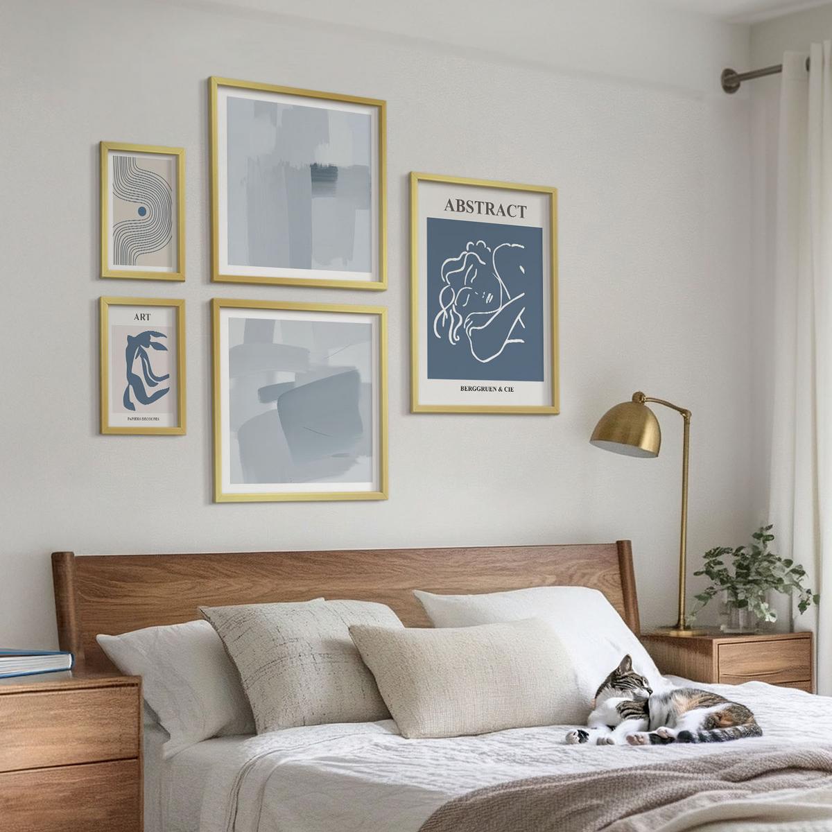 BILDER SET 5er Set - 50x50 cm & 20x30 cm & 40x60 cm Goldrahmen - Poster mit abstrakten Linien und Wellen - Goldfarben, Kunststoff (40/60cm) - TULUP
