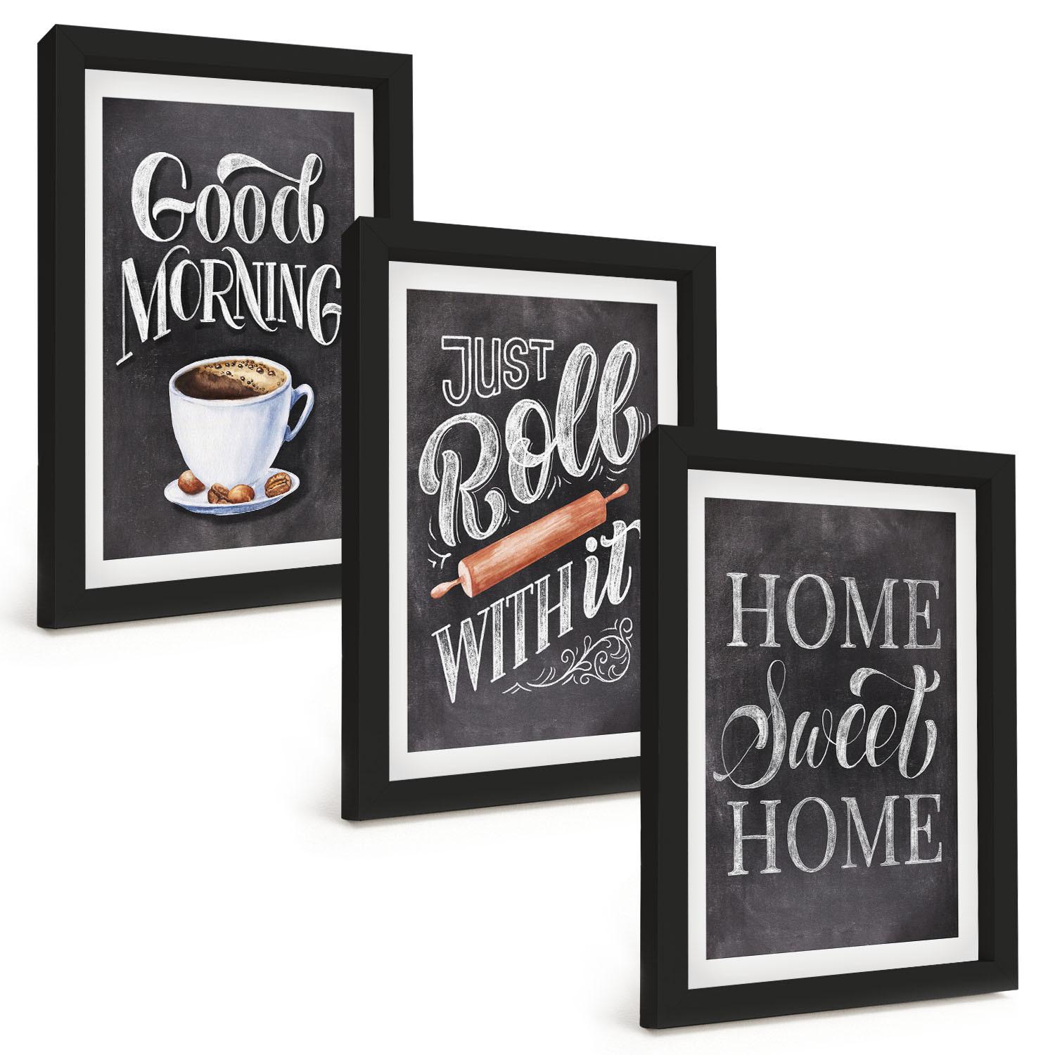 BILDER SET 3er Set - 20x30 cm Schwarzer Rahmen - Motive und Inschriften für die Küche - Schwarz, Kunststoff (20/30cm) - TULUP