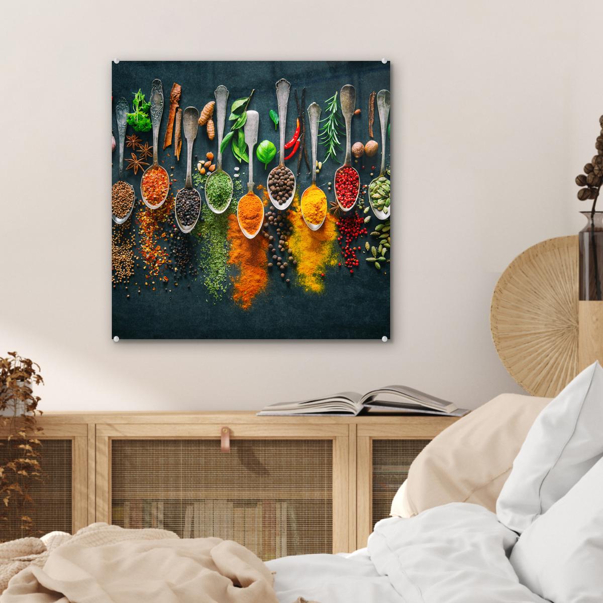 ACRYLGLASBILD Kräuter - Gewürze - Löffel 50x50 cm - Currygelb, Glas (50/50cm) - MuchoWow