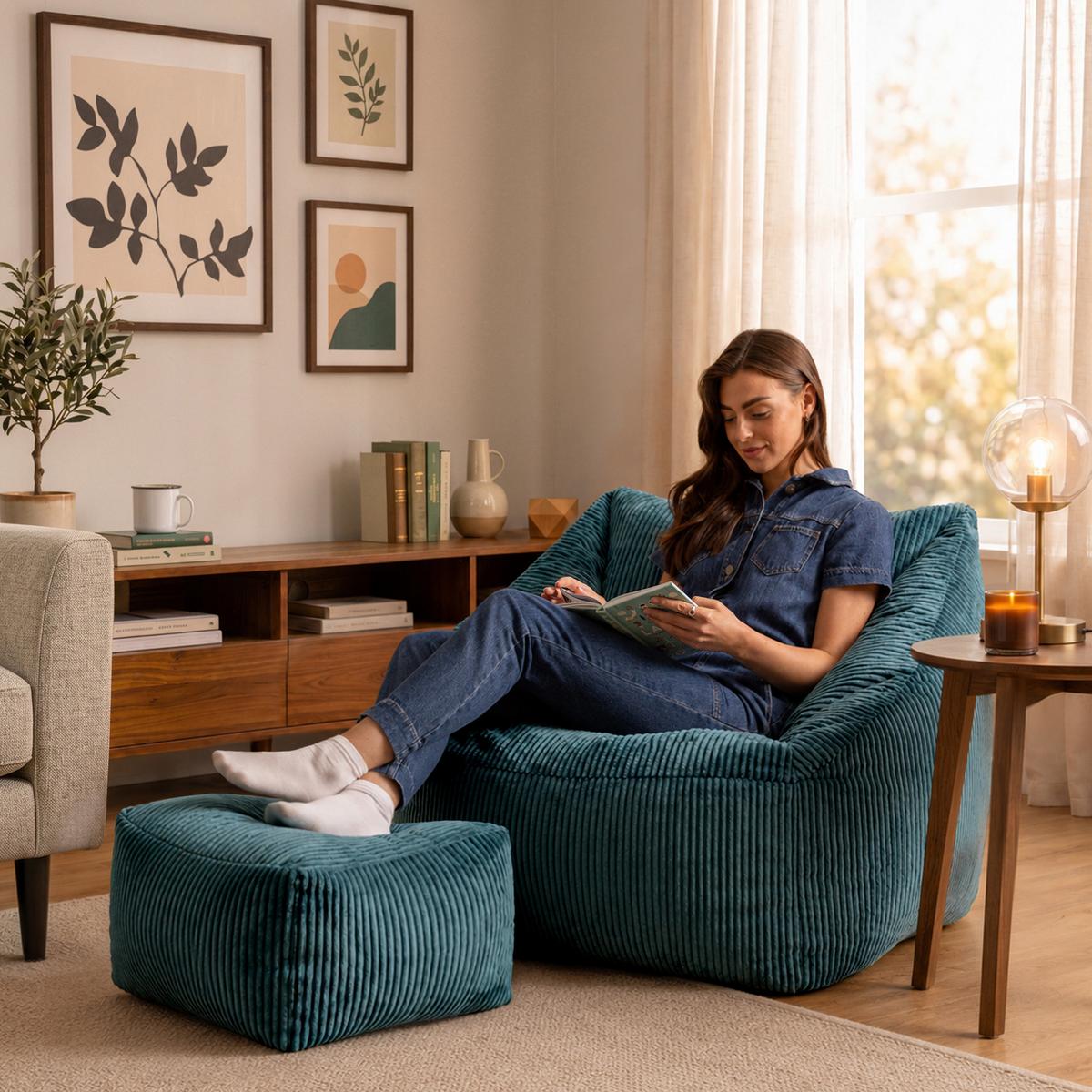 SITZSACK Cord Sessel Natalia mit Hocker - Grün, Textil (97/73/84cm) - icon