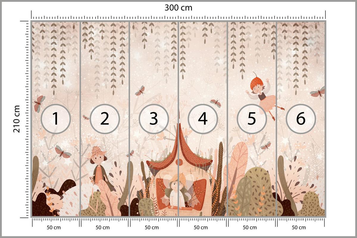 FOTOTAPETE für Kinderzimmer Feen Aquarell Wald Blumen Blätter Boho 300x210 - Beige/Orange, Papier (300/210cm) - Muralo