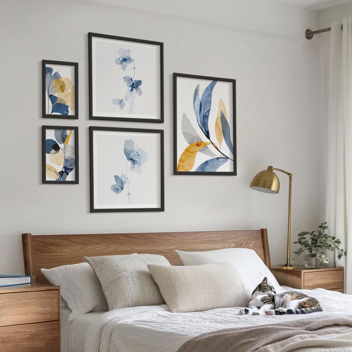 BILDER SET 5er Set - 50x50 cm & 20x30 cm & 40x60 cm Schwarzer Rahmen - Aquarell-Pflanzenmotive - Schwarz, Kunststoff (40/60cm) - TULUP