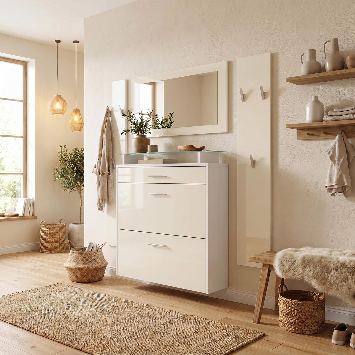 GARDEROBE Malea Front in Creme Hochglanz - Creme, Holzwerkstoff (180/180/23cm) - Vladon