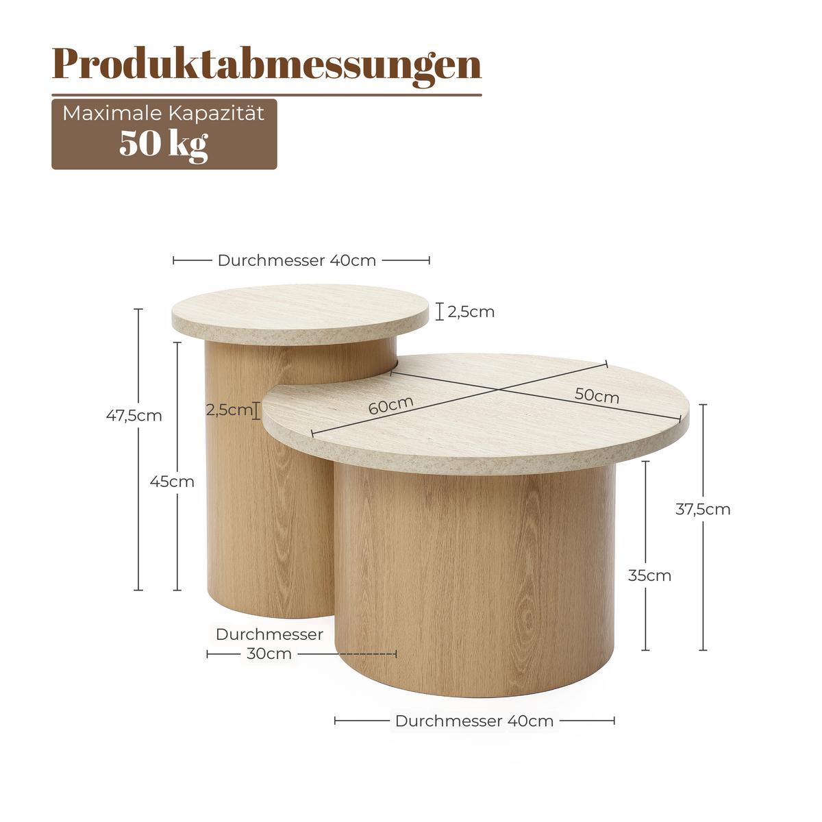 COUCHTISCH Rund 2er Set Holz mit Travertin-Optik, Ø60 & 40cm - Braun, Holzwerkstoff (60/85/47.5cm) - Hometopia