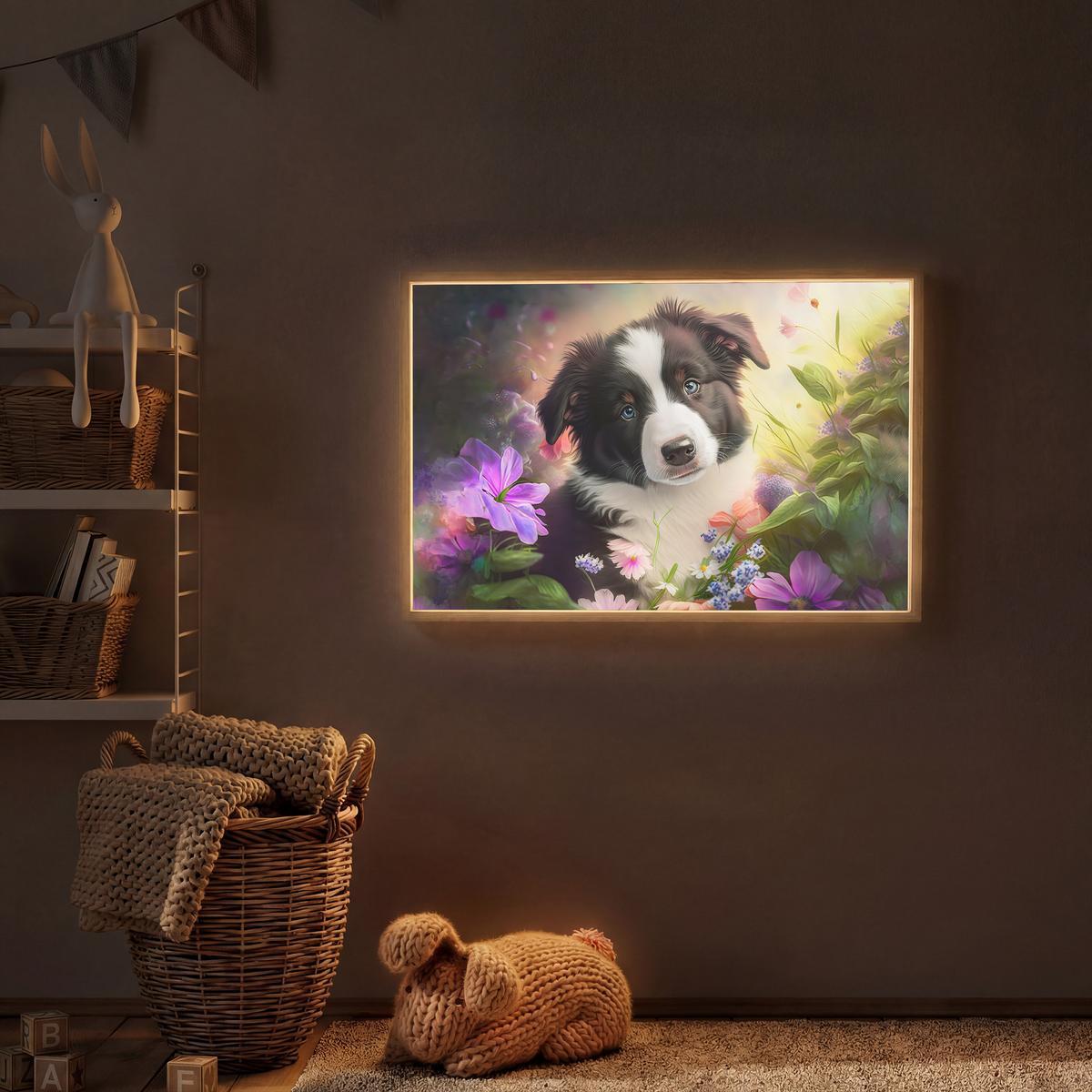 NACHTTISCHLAMPE MIT AKKU Welpe - Sonne - Blumen - Natur - Border Collie - Hund 90x60 cm - Violett, Holzwerkstoff (8/90/60cm) - OnlyWow